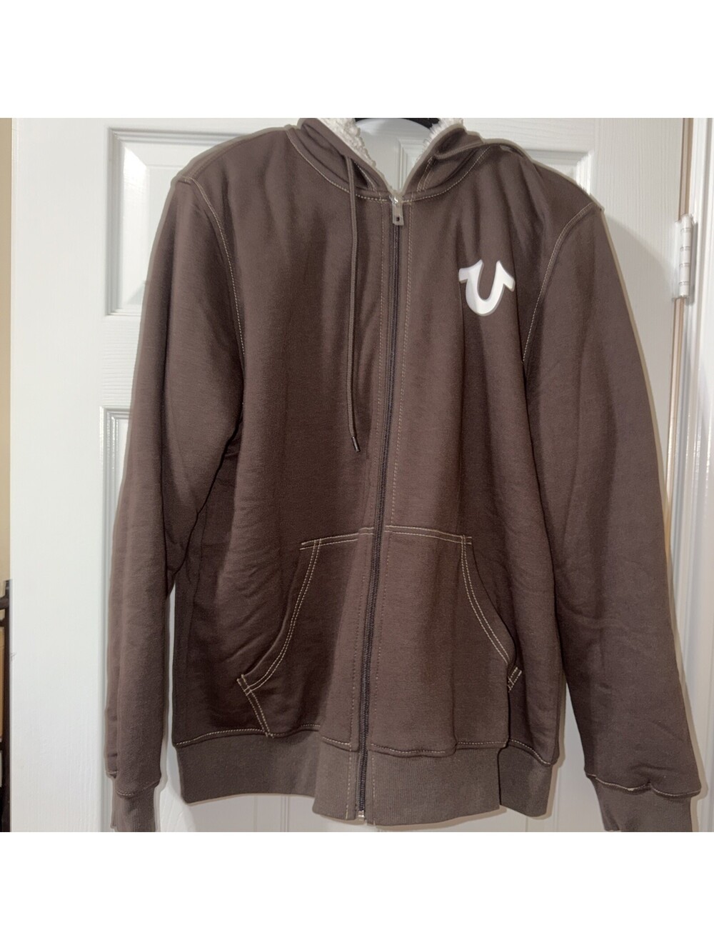 True Religion Logo Seal Sherpa Zip Hoodie - Java - Size Medium